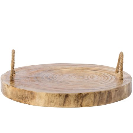 Vintiquewise Wood Round Tray Serving Platter Board with Rope Handles QI003838